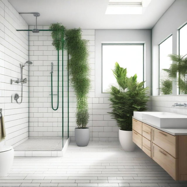 A clean and modern bathroom with white tiles, a glass shower, and a sleek vanity
