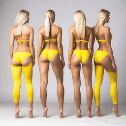 Four blonde fitness models wearing yellow bikinis, posing from behind to show their toned physiques and long legs