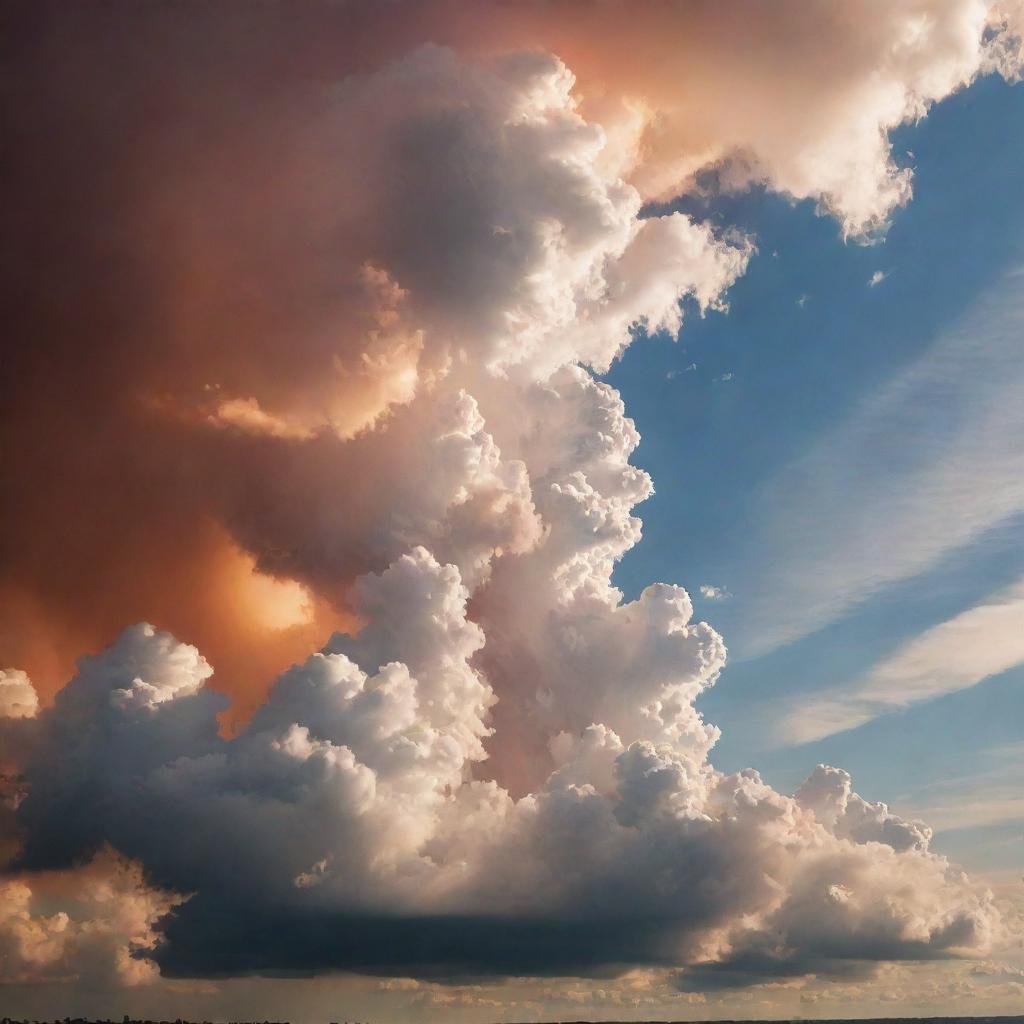 A majestic view of the sky with fluffy clouds dispersing sunlight, resulting in a breathtaking blend of warm colors.