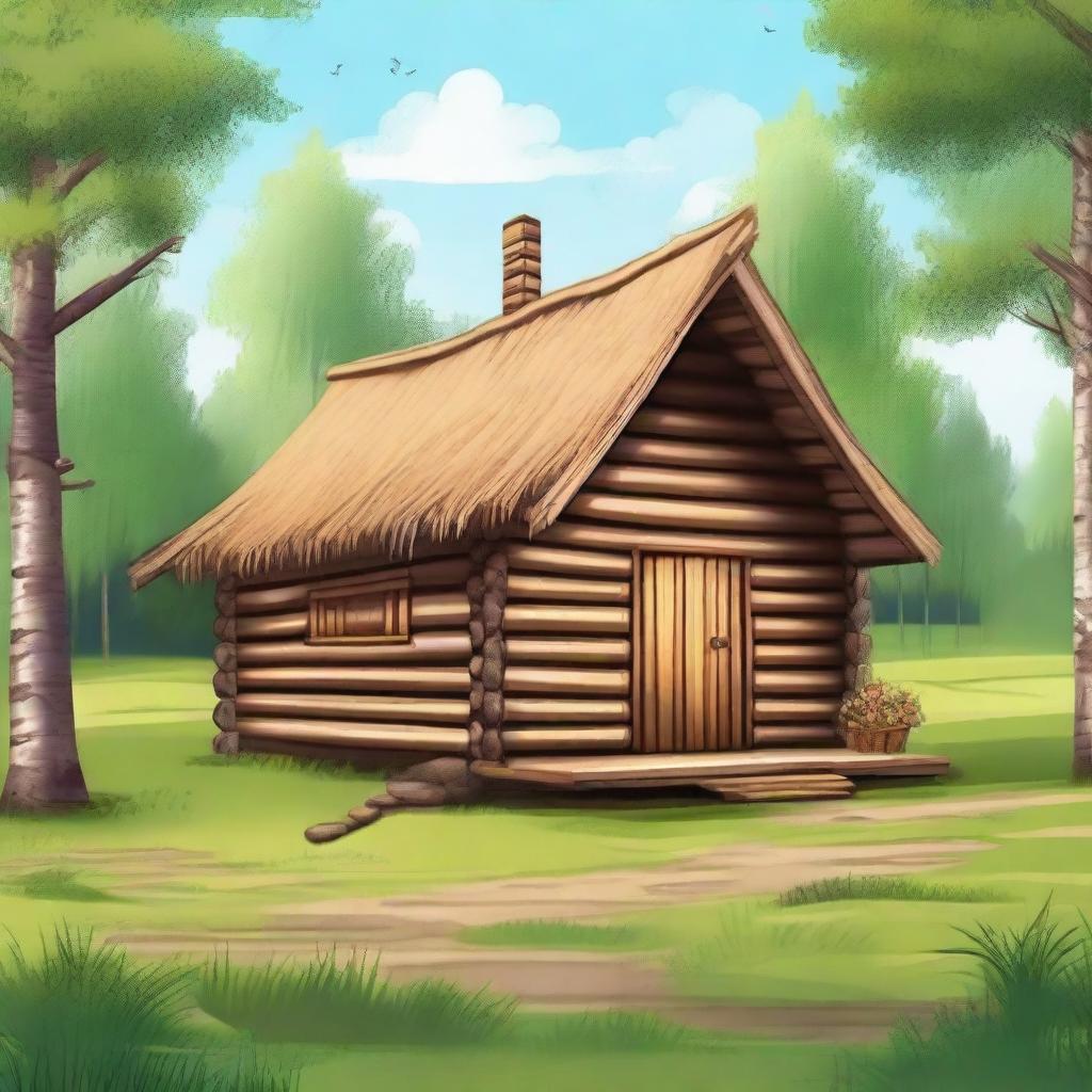 A detailed 2D illustration of a traditional Russian hut