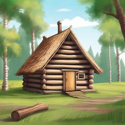 A detailed 2D illustration of a traditional Russian hut