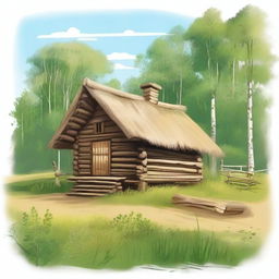 A detailed 2D illustration of a traditional Russian hut