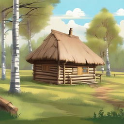 A detailed 2D illustration of a traditional Russian hut