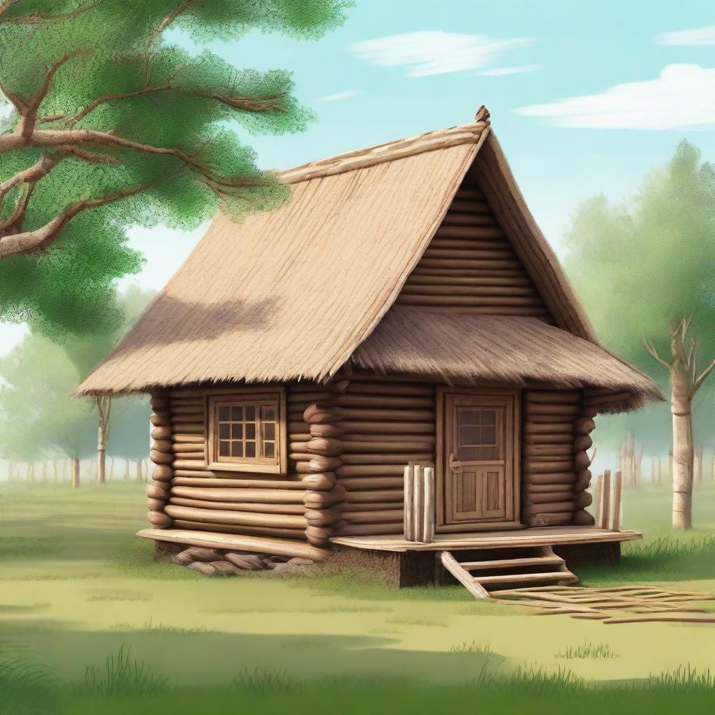 A detailed 2D illustration of a traditional Russian hut with a side view