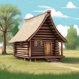 A detailed 2D illustration of a traditional Russian hut with a side view