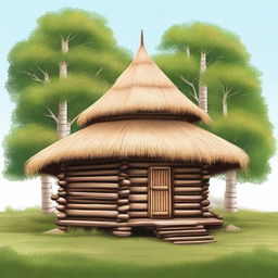 A detailed 2D illustration of a traditional Russian hut with a side view