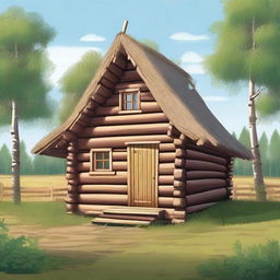 A detailed 2D illustration of a traditional Russian hut with a side view