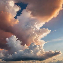 A majestic view of the sky with fluffy clouds dispersing sunlight, resulting in a breathtaking blend of warm colors.