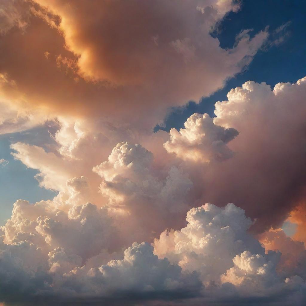 A majestic view of the sky with fluffy clouds dispersing sunlight, resulting in a breathtaking blend of warm colors.