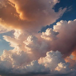 A majestic view of the sky with fluffy clouds dispersing sunlight, resulting in a breathtaking blend of warm colors.