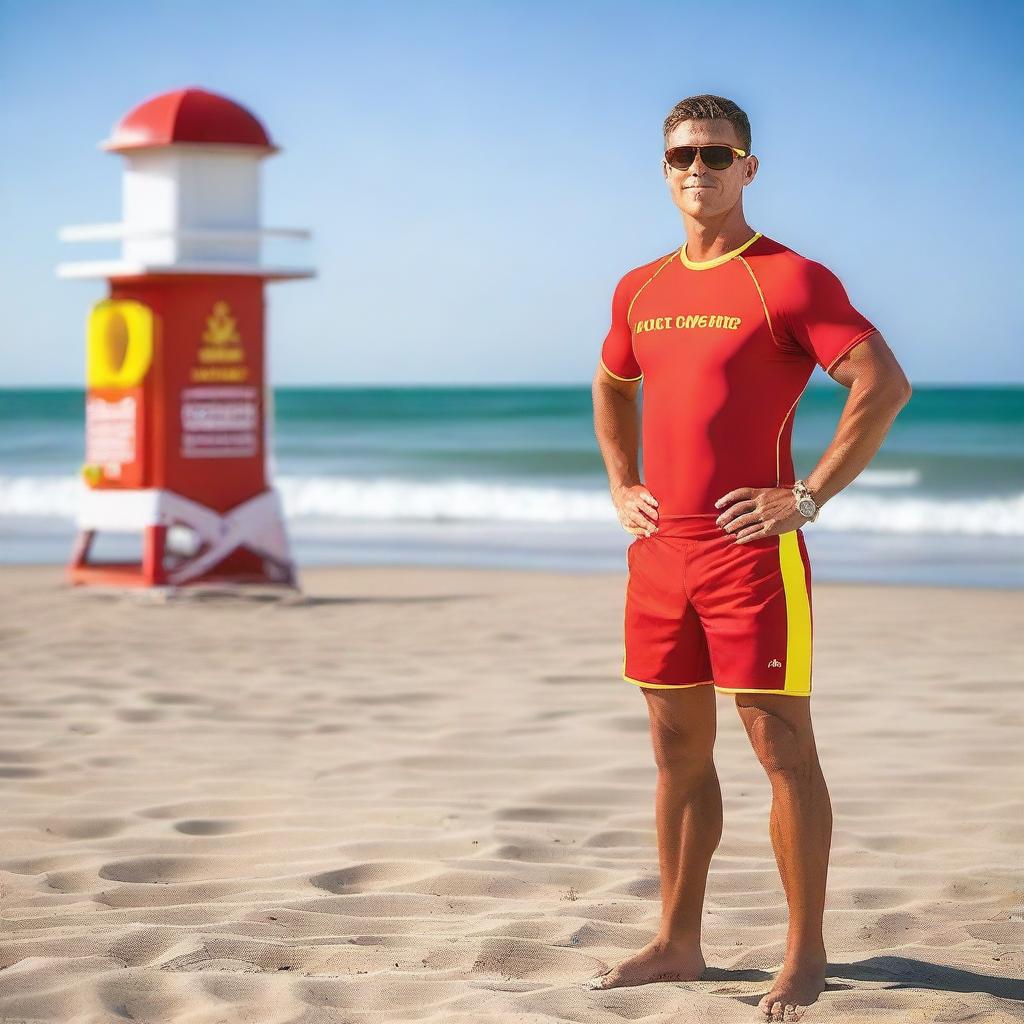 A lifeguard with a confident and attractive appearance, wearing a lifeguard swimsuit and standing by the beach