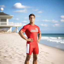 A lifeguard with a confident and attractive appearance, wearing a lifeguard swimsuit and standing by the beach