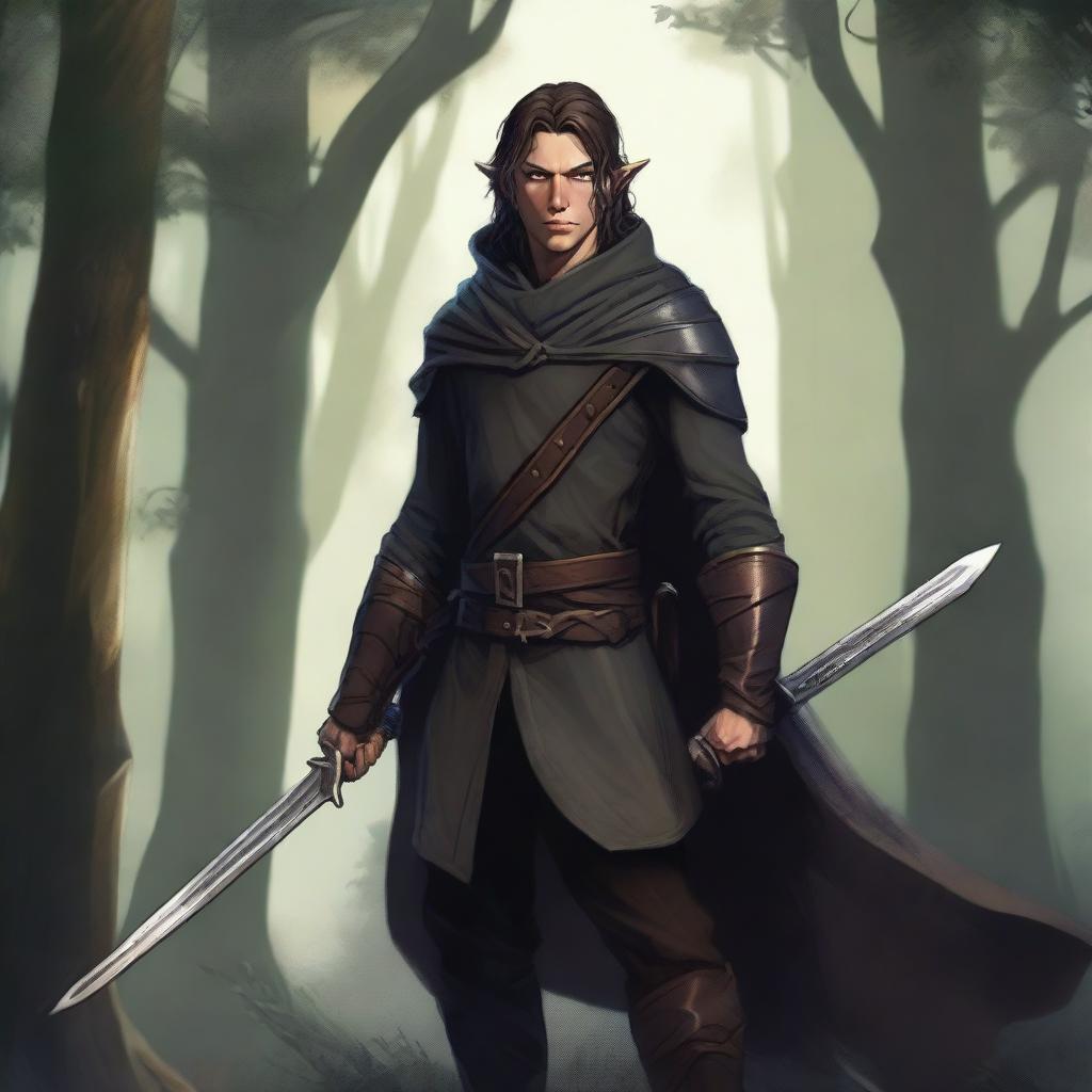 A detailed fantasy illustration of a rogue half-elf character wielding a short sword