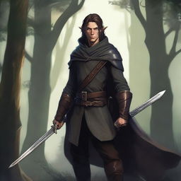 A detailed fantasy illustration of a rogue half-elf character wielding a short sword