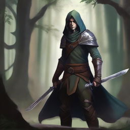 A detailed fantasy illustration of a rogue half-elf character wielding a short sword