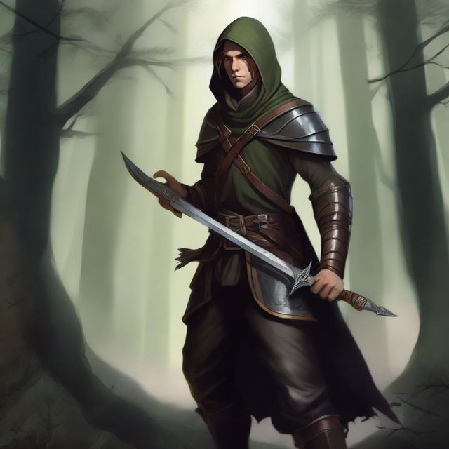 A detailed fantasy illustration of a rogue half-elf character wielding a short sword