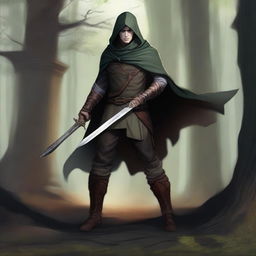 A detailed fantasy illustration of a rogue half-elf character wielding a short sword