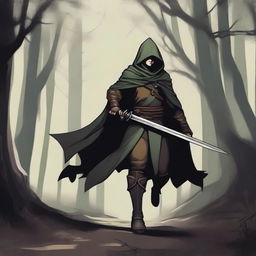 A detailed illustration of a half-elf rogue character wielding a short sword