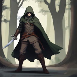 A detailed illustration of a half-elf rogue character wielding a short sword