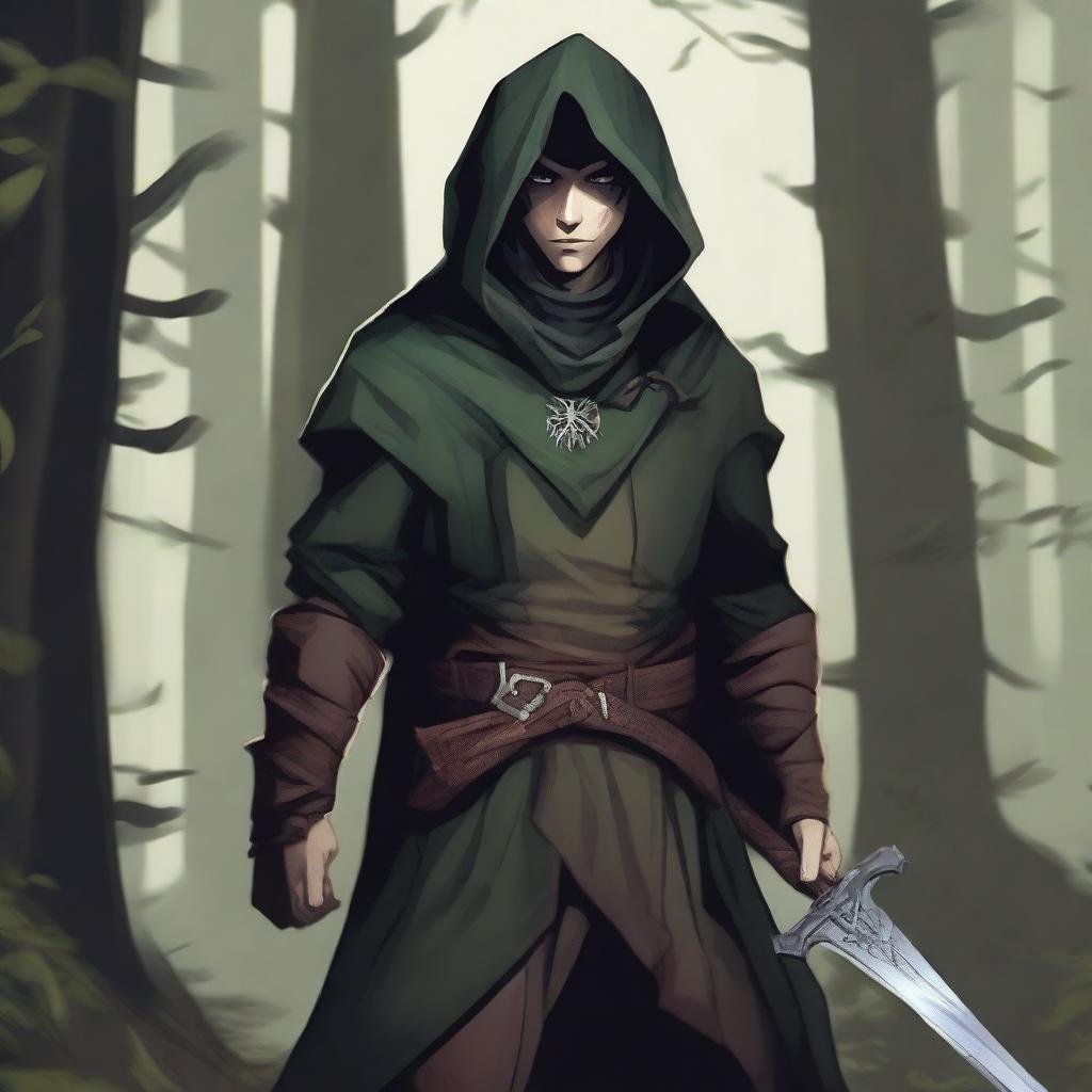 A detailed illustration of a half-elf rogue character wielding a short sword