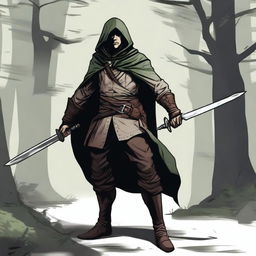 A detailed illustration of a half-elf rogue character wielding a short sword