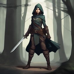 A detailed illustration of a female half-elf rogue character wielding a short sword