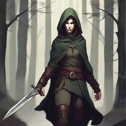 A detailed illustration of a female half-elf rogue character wielding a short sword