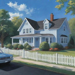 Illustration of the American Dream showcasing a beautiful suburban house with a white picket fence, a family playing in the yard, and a shiny new car parked in the driveway under a bright blue sky