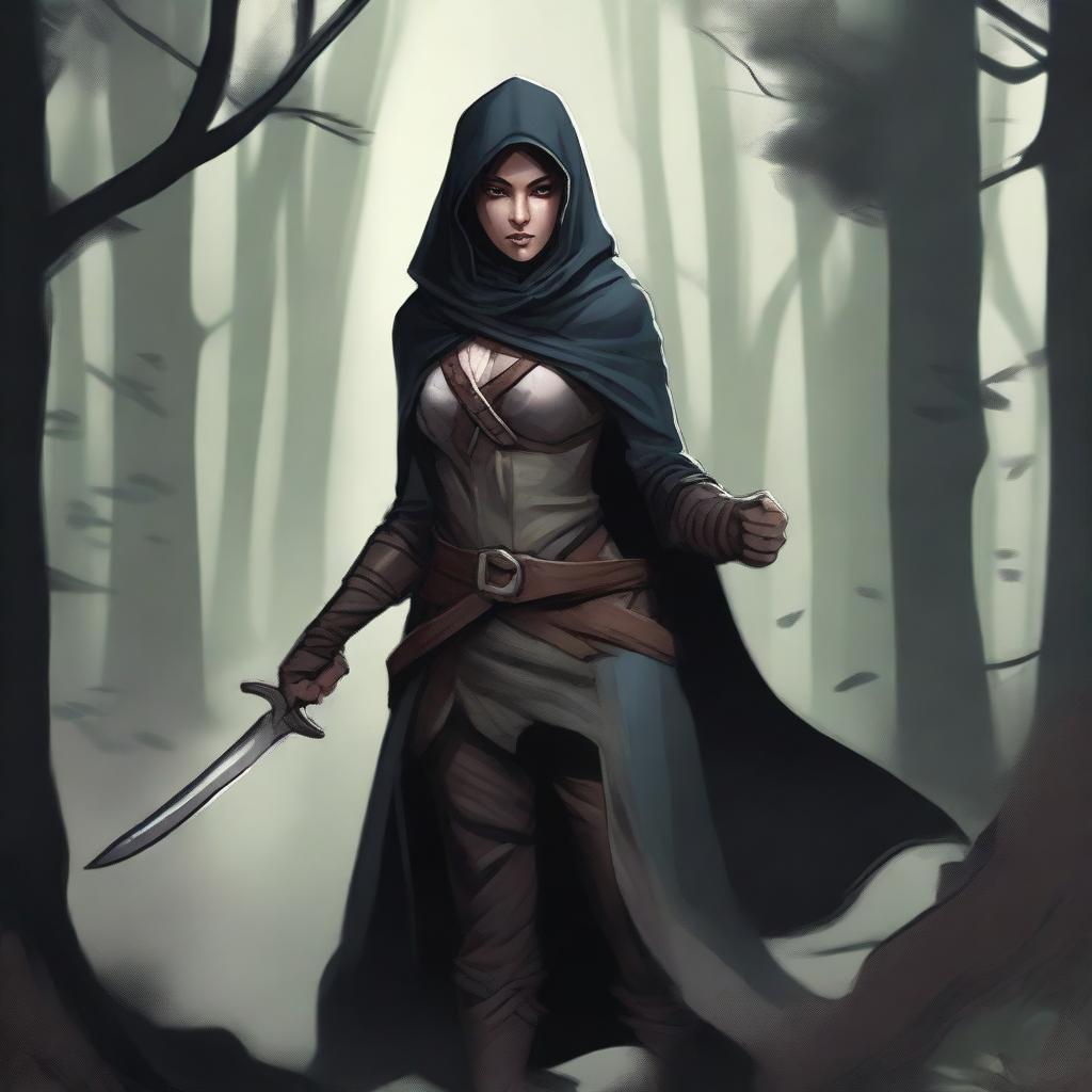 A detailed illustration of a female half-elf rogue character wielding a short sword