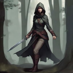 A detailed illustration of a female half-elf rogue character wielding a short sword