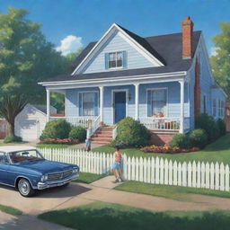 Illustration of the American Dream showcasing a beautiful suburban house with a white picket fence, a family playing in the yard, and a shiny new car parked in the driveway under a bright blue sky