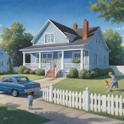 Illustration of the American Dream showcasing a beautiful suburban house with a white picket fence, a family playing in the yard, and a shiny new car parked in the driveway under a bright blue sky