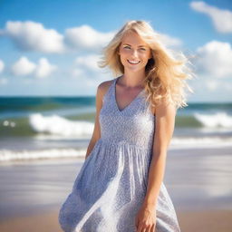 A beautiful woman with blonde hair and blue eyes standing on a sunny beach