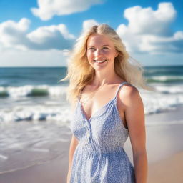 A beautiful woman with blonde hair and blue eyes standing on a sunny beach