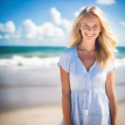 A beautiful woman with blonde hair and blue eyes standing on a sunny beach