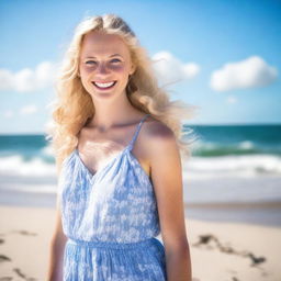 A beautiful woman with blonde hair and blue eyes standing on a sunny beach