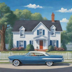 Illustration of the American Dream showcasing a beautiful suburban house with a white picket fence, a family playing in the yard, and a shiny new car parked in the driveway under a bright blue sky