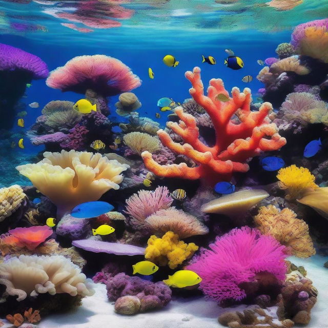 A stunning underwater coral reef scene featuring vibrant corals, various species of fish, and other marine life