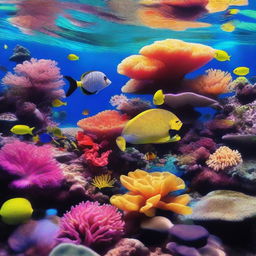 A stunning underwater coral reef scene featuring vibrant corals, various species of fish, and other marine life