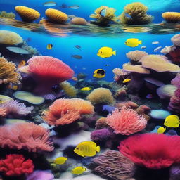 A stunning underwater coral reef scene featuring vibrant corals, various species of fish, and other marine life