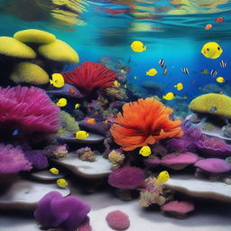 A stunning underwater coral reef scene featuring vibrant corals, various species of fish, and other marine life