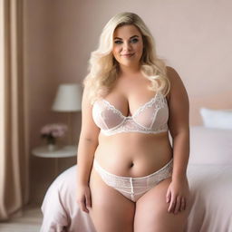 A plus-size blonde woman wearing lingerie