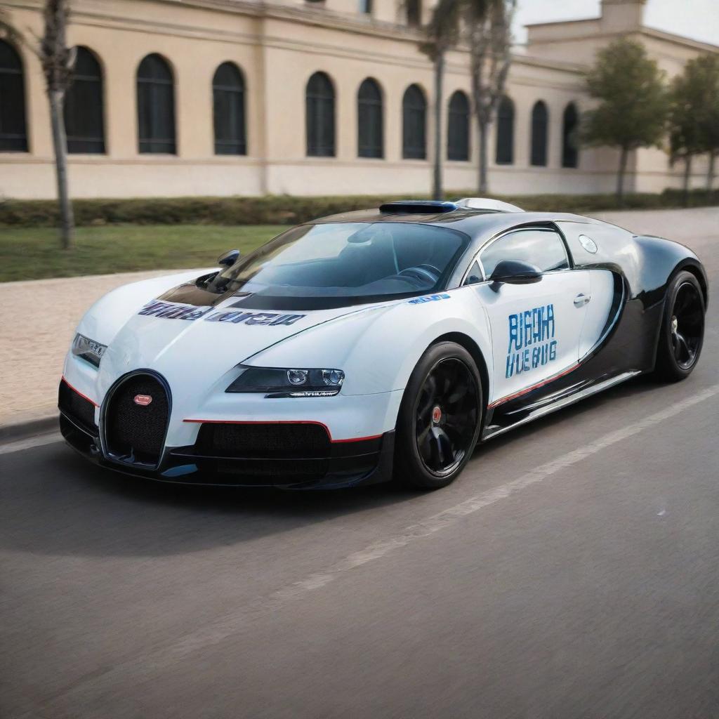 Bugatti cars transformed into high-speed police vehicles, with flashing blue and red lights, official police themes, and modified for pursuing at phenomenal speeds.