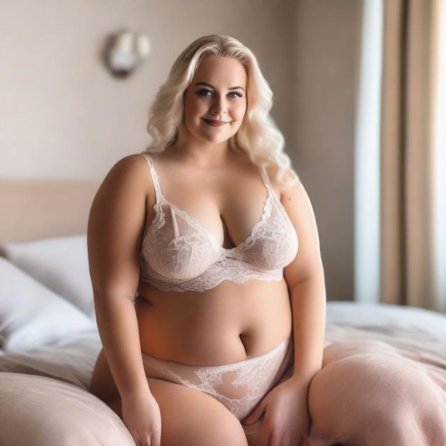 A plus-size blonde woman wearing lingerie