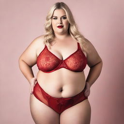 A plus-size blonde woman wearing red lingerie