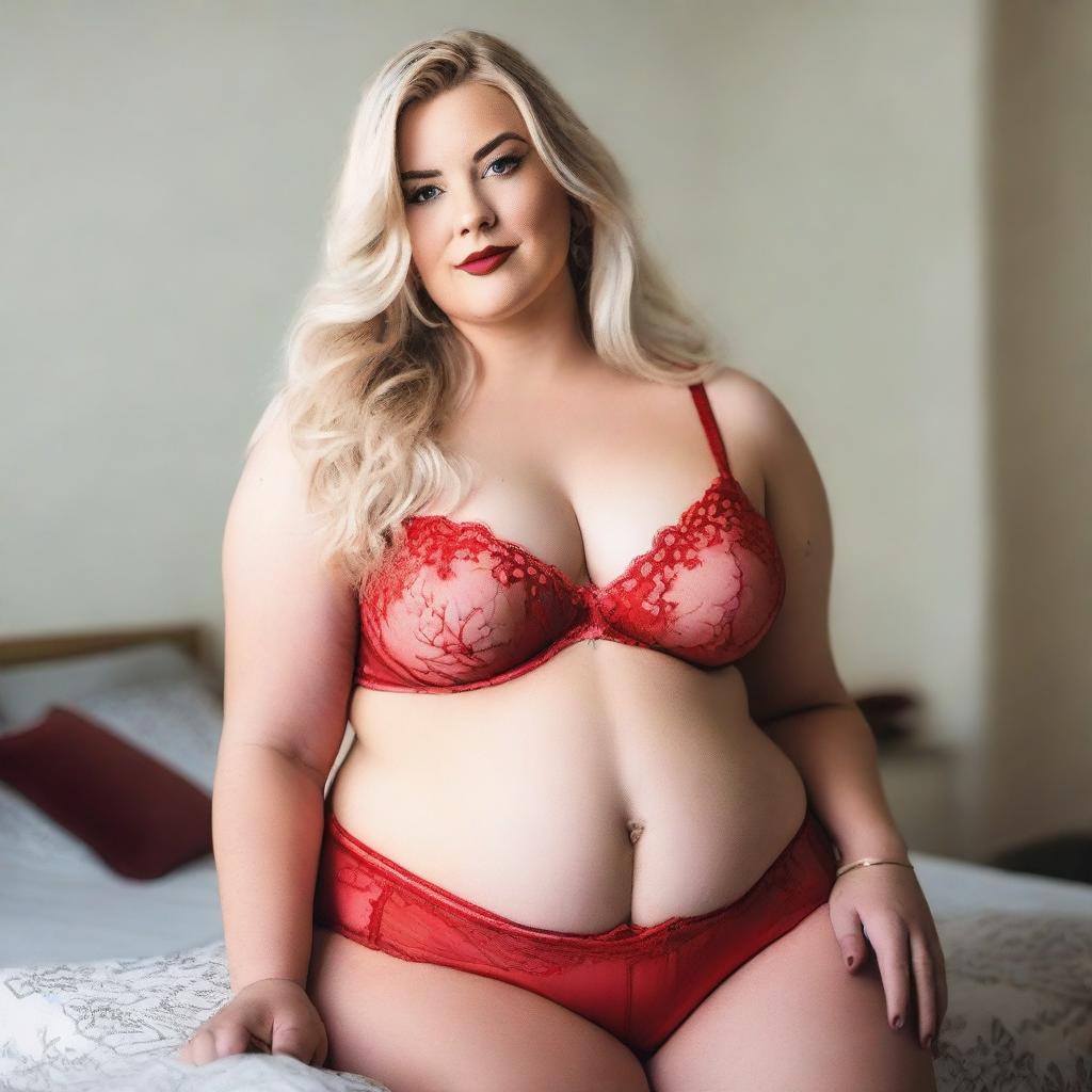 A plus-size blonde woman wearing red lingerie