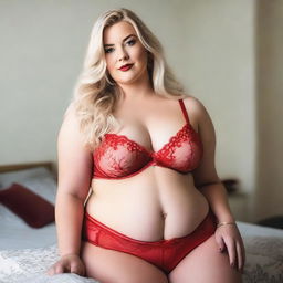 A plus-size blonde woman wearing red lingerie