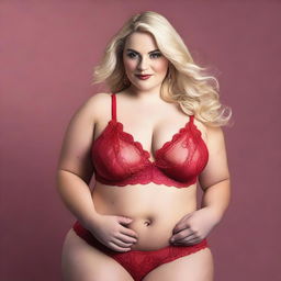 A plus-size blonde woman wearing red lingerie