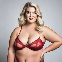 A plus-size blonde woman wearing red lingerie