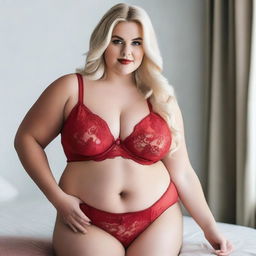 A plus-size blonde woman wearing sexy red lingerie